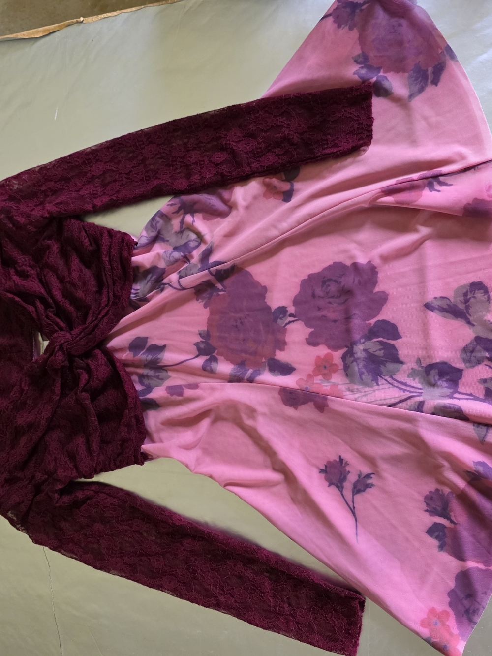 Kimchi Blue Pink Floral Maxi Dress with Burgundy Lace Bodice